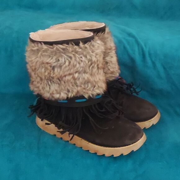 Leather Rabbit Fur Fringes Mukluk Boots 8 - Picture 2 of 10